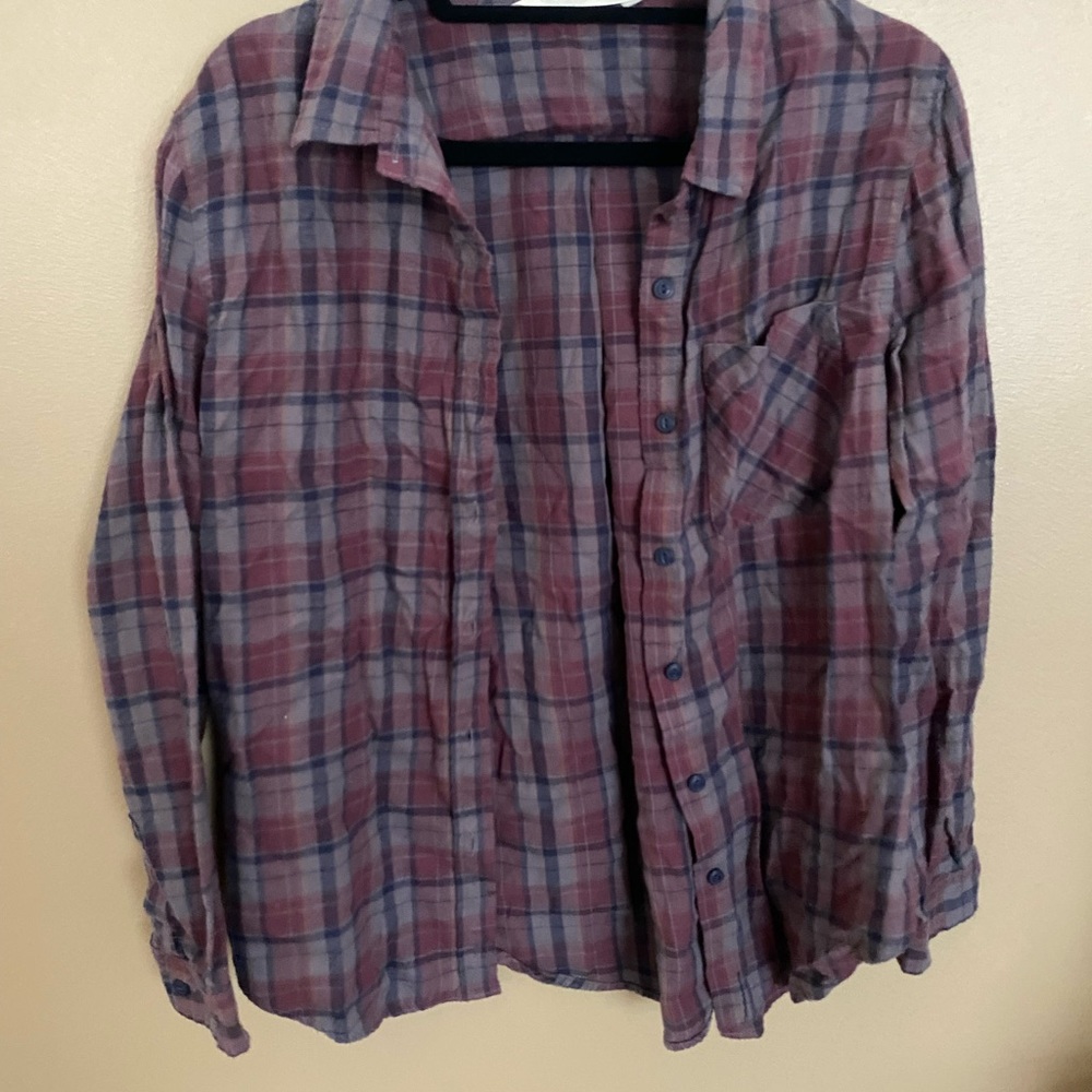 Burgandy, Navy, and Brown Plaid Button Up Shirt